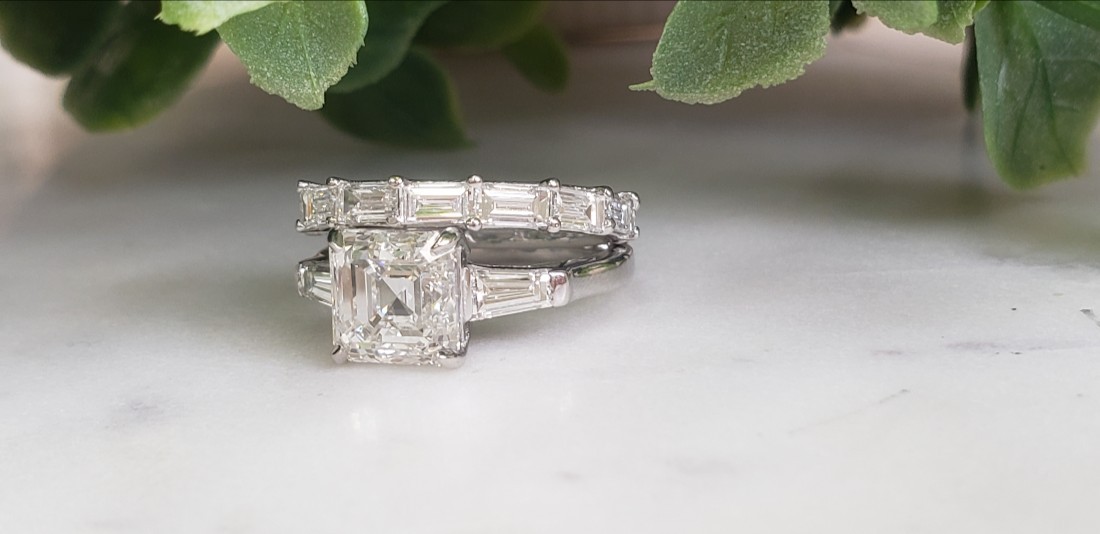 Asscher Cut Center Diamond with Baguette Side Bridal Set